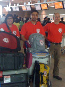 CMAT Assessment Team ready to depart Toronto's Pearson Airport for Karachi, Pakistan. L-R: Yasmeen Jabbar, RN, Omar Elahi, Medical Resident, and Martin Metz, Paramedic.