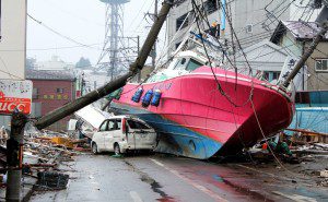 A boat found several hundred metres inland was placed there by the force of the tsunami.