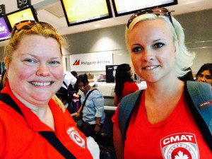 CMAT Executive Director Valerie Rzepka (left), and Director of Communications Kate Auger (right) about to board Phillippine Airlines flight from Toronto to Manila. 